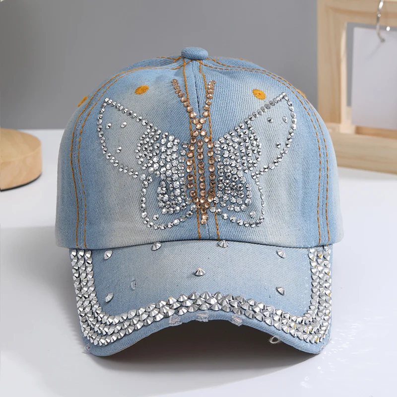 A Women’s Sparkle Bling Rhinestone Bejeweled Cotton Denim Baseball Cap