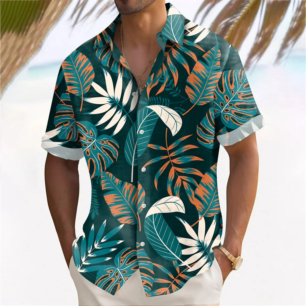 Plant 3D Printed Hawaiian Shirt Men's Leaves Pattern Summer Beach Casual Short Sleeve Lapel Shirts Holiday Loose Harajuku Tops