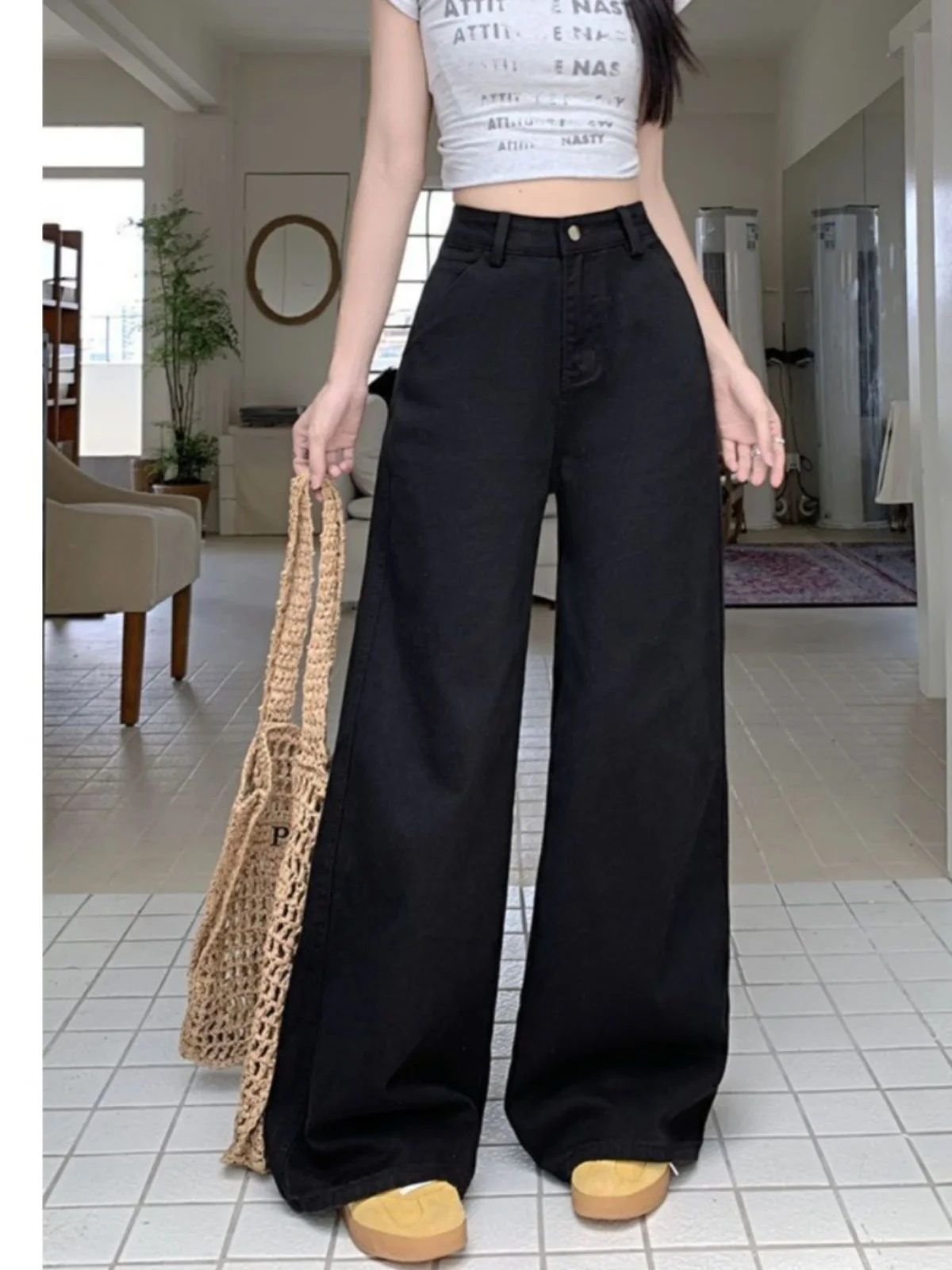 

High Waist Wide Leg Straight Cut Jeans Loose Fit Slimming Lengthening Faionable Winter 2026 Sle Bla Denim Pants