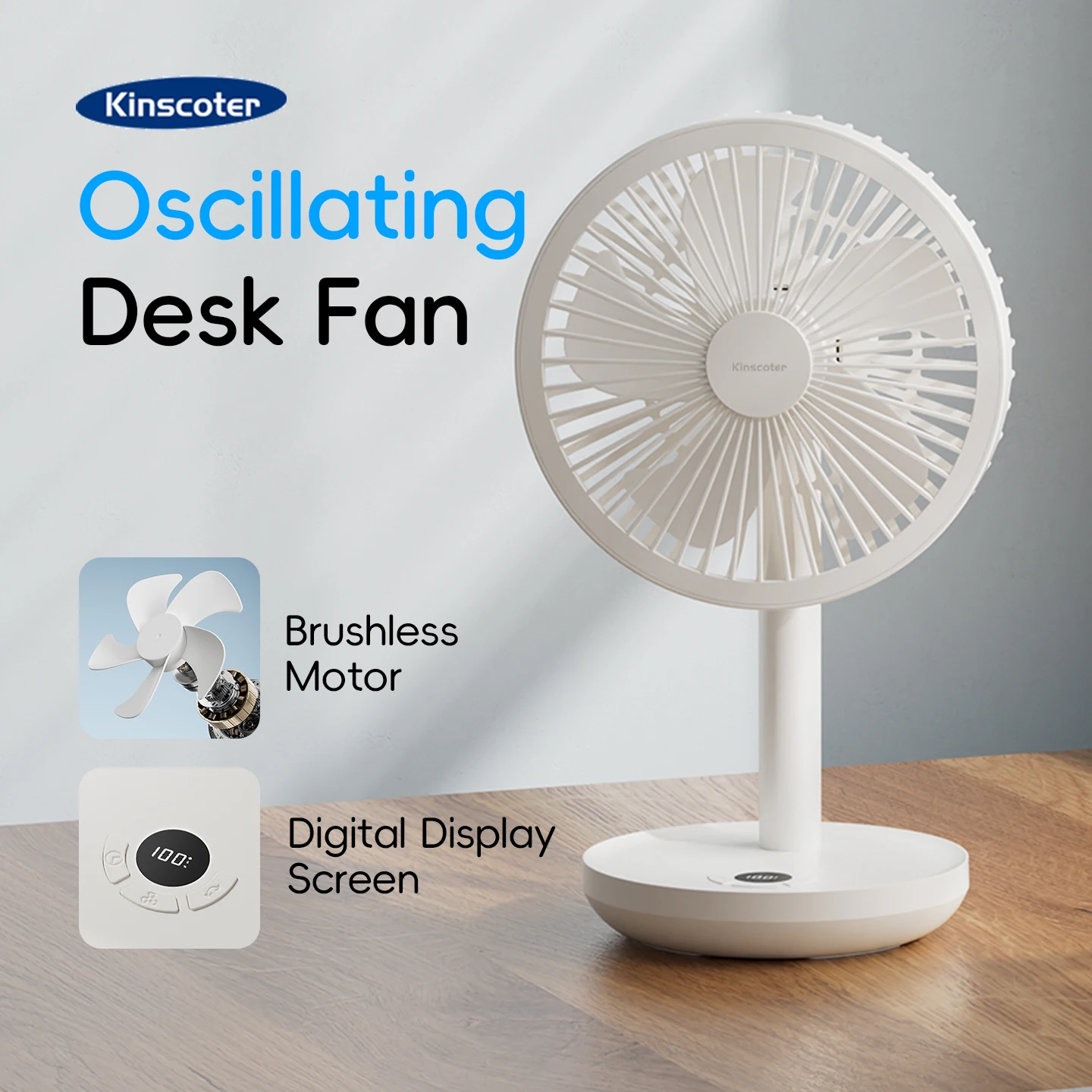

Настольный вентилятор KINSCOTER Smart с осцилляцией, 5 скоростей, регулируемый угол наклона, аккумулятор 4000 мАч, для дома и офиса