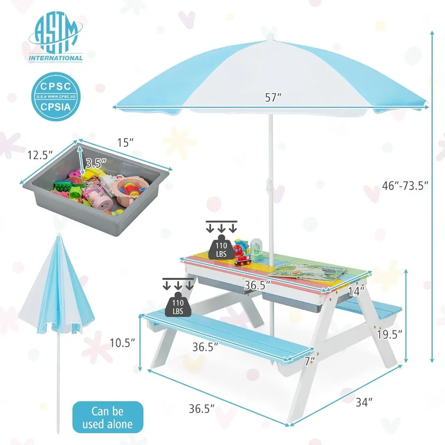 Mesa de picnic Mesa de picnic para niños pequeños 3 en 1 con paraguas de altura ajustable Mesa para exteriores con mesa desmontable y juego extraíble B