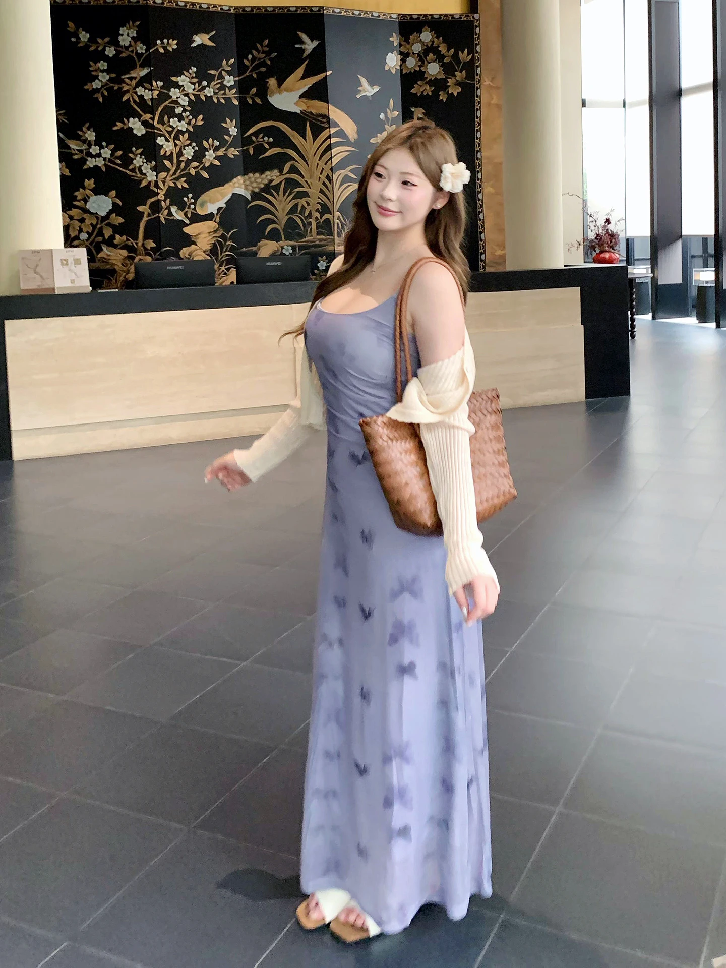 

plus Size Women's Printed Dress Elastic Net Gown High Waist French Style Summer Long Skirt Purple Color Street Fashion