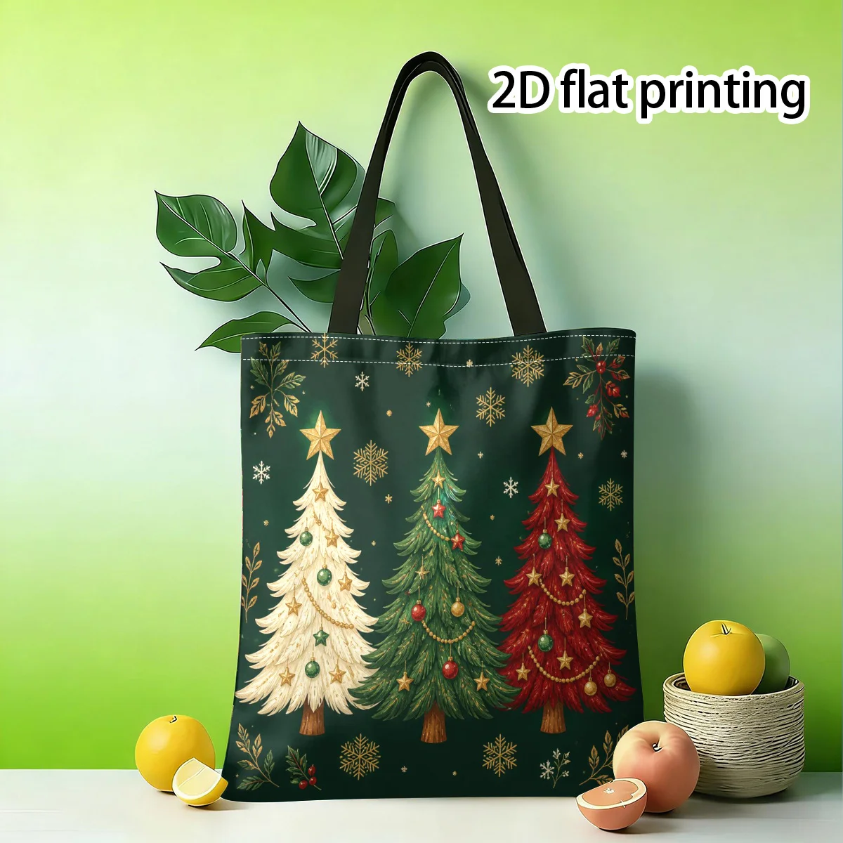 Vintage Three Color Christmas Tree Canvas Tote Bag Golden Star Snowflake Print Handbag Reusable Casual Shoulder Bag Xmas Gift