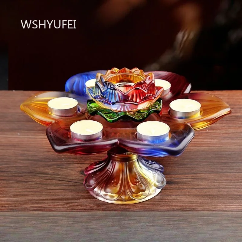 7 Star Colored Glaze Lotus Candle Stand with 7 Tea Light Holders Buddhist Altar Decoration for Meditation and Home Blessing