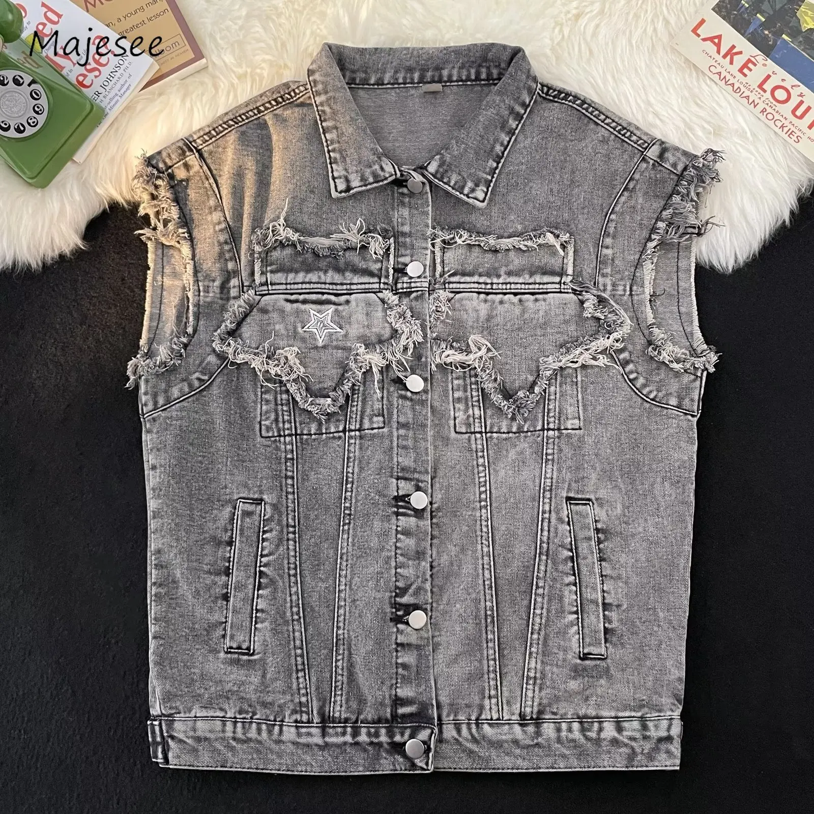 Denim Vests Men High Street Vintage Advanced Summer Retro Raw Edge Broken Washed American Style Male Nostalgic Popular Handsome