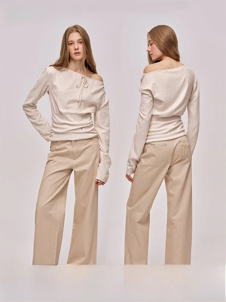 

Moonmoi Faion High ade Dyed Cotton Straight Leg ket Letter Denim Pants Women's l Waist Pure Color Resistant to D...