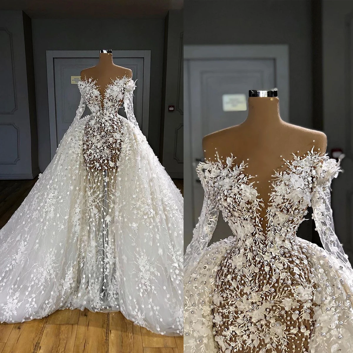 Luxury Mermaid Wedding Dresses Sweetheart Long Sleeves Beads Appliques Lace Bridal Gowns Custom Made Big Detachable Train Robes