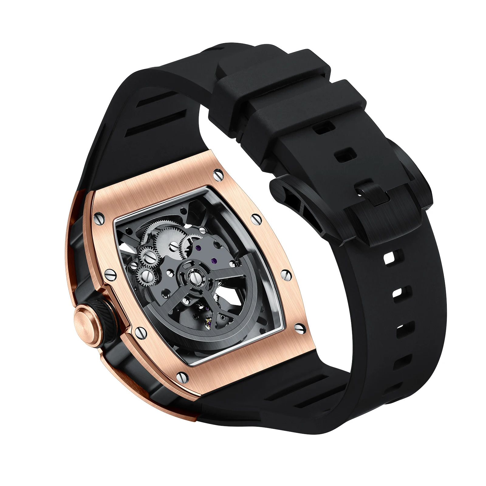 

New Tonneau Dial Fashion Sports Mechanical Watch for Men Automatic Self-winding Wristwatch with Silicone Strap Transparent