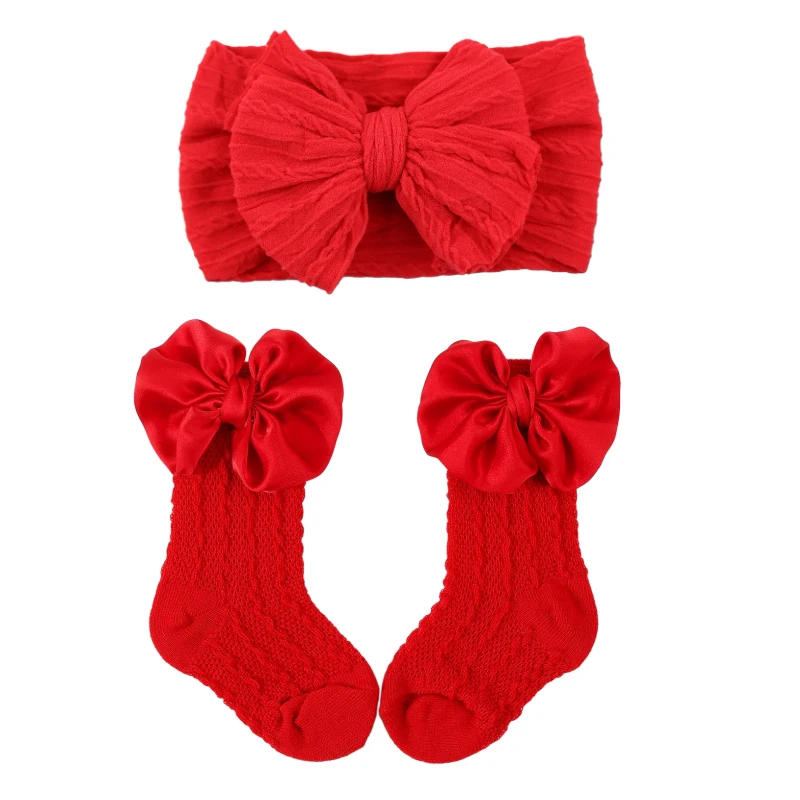 2pcs/set Solid Cable Bows Baby Headbands for Girls Knitted Bowknot Baby Long Socks Newborn Accessories Kids Girl Hairbands