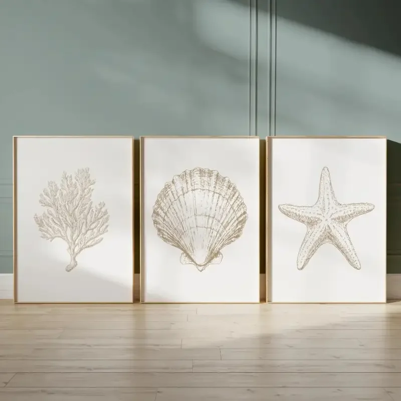 3pcs Canvas Poster Set (Unframed) - Coastal Shell Print, Neutral Beach Decor, Digital Ocean Art with Starfish and Coral Nautical