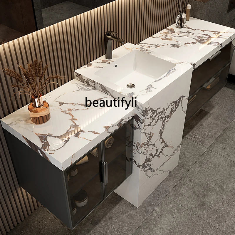 Stone Plate Seamless Whole Washbin Bathroom Cabinet Floor Toilet Column Wash Basin Combination Washbasin Customization