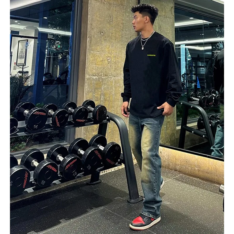 American street Long-sleeves T-shirt Men 2025 Autumn New 100% Cotton Sports Gym Black O-Neck T-shirt Loose Y2k Top Male clothing - Image 4