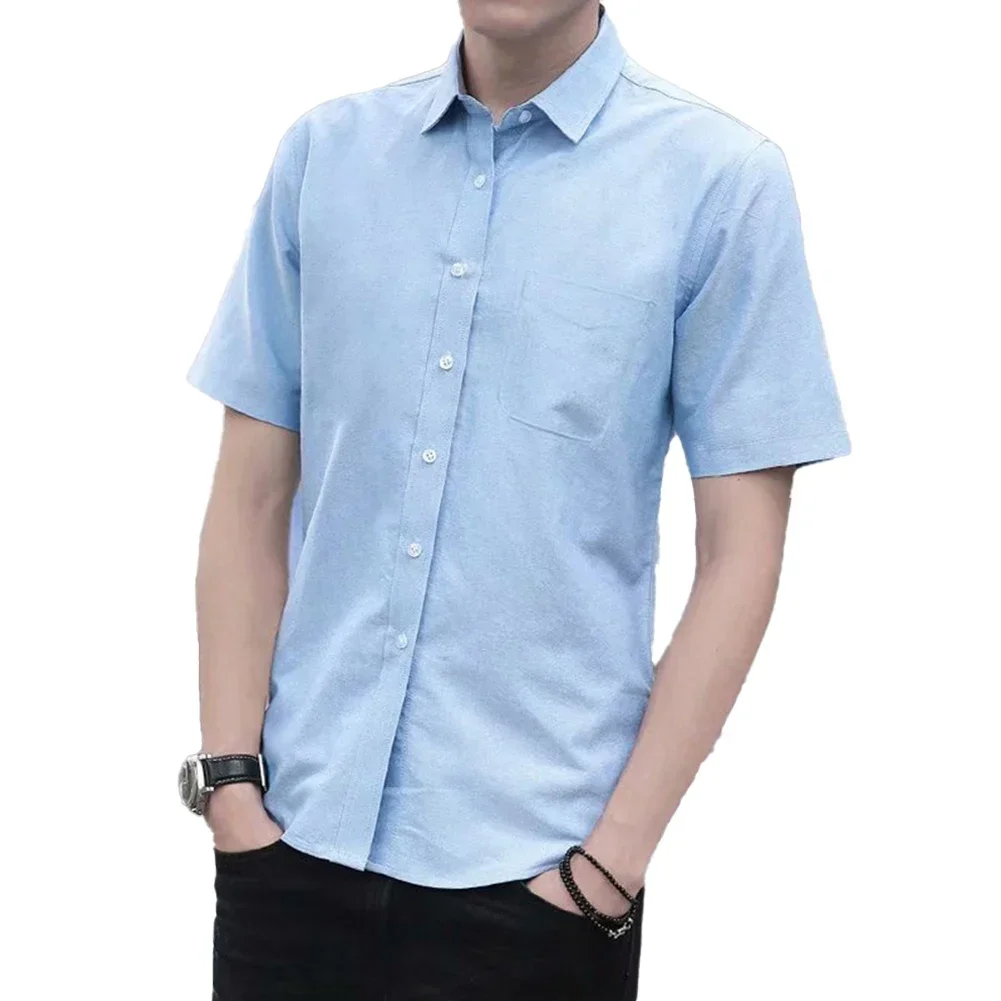 

Button Short Sleeve Blouse Slim Fit Dress Shirt Lapel Neckline Men's Clothing Multiple Sizes Available Oxford Fabric