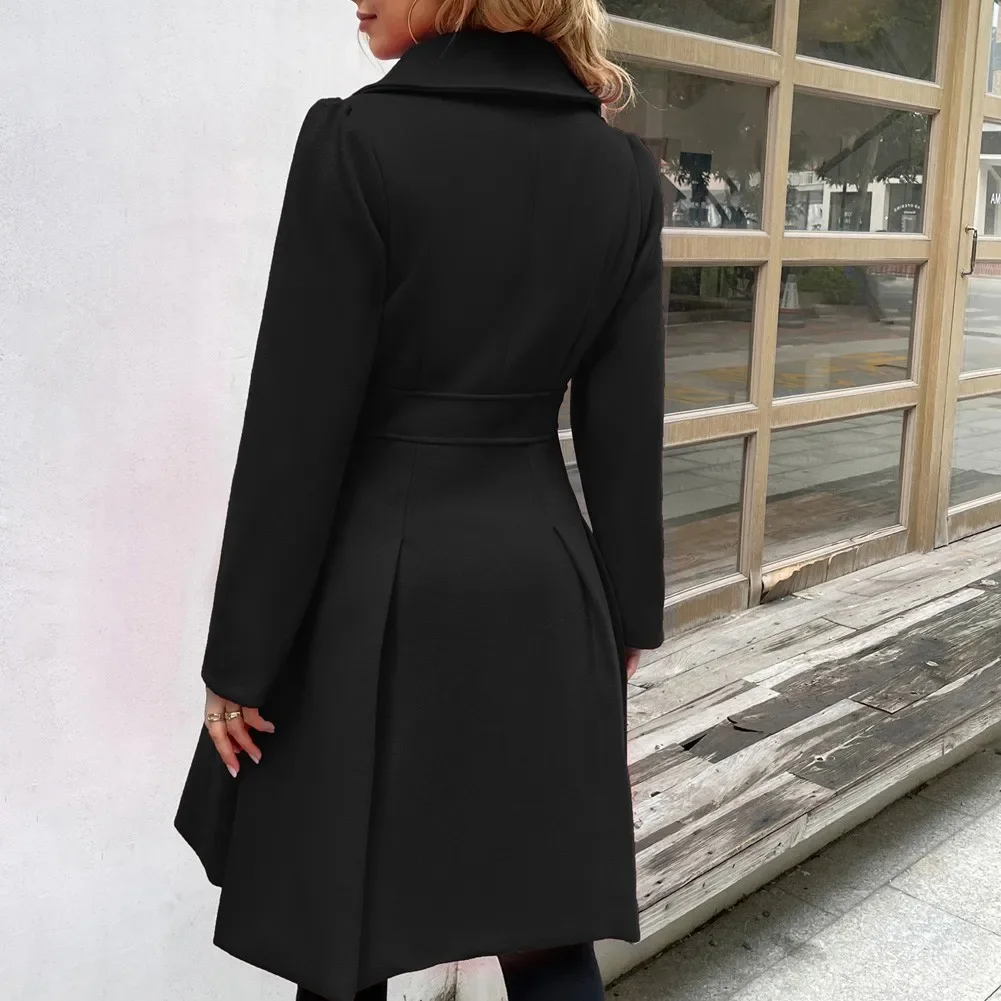 GK Women Long Sleeve Coat Double Breasted Overcoat Above Knee Pleated Lapel A-Line Wool Blends Coat Winter Warm Jackets