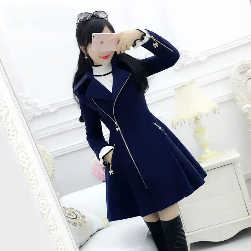 

2024 Solid Color Zippered Long Sleeved Woolen Jacket Women's Jacket Medium Length Slim Fit, Winter Thickened Navy Blue A198