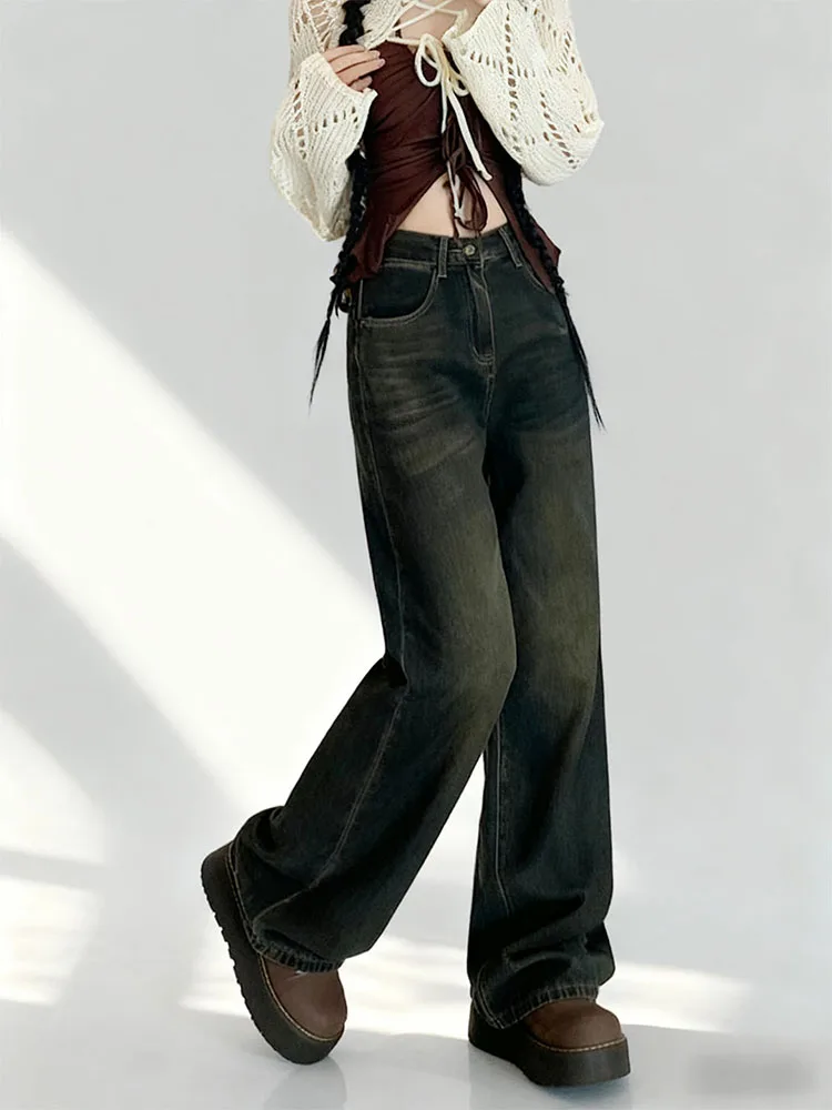 بنطلون جينز نسائي أمريكي بتصميم عتيق من الأسمنت، بقصة مستقيمة وواسعة الساق، مبطن، خصر عالي، نحيف