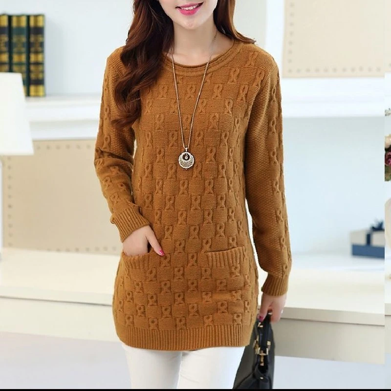 2025 nuevo suéter de mujer ajustado Otoño Invierno pulóver cuello redondo manga larga de longitud media Casual camisa de fondo cálido Tops femeninos