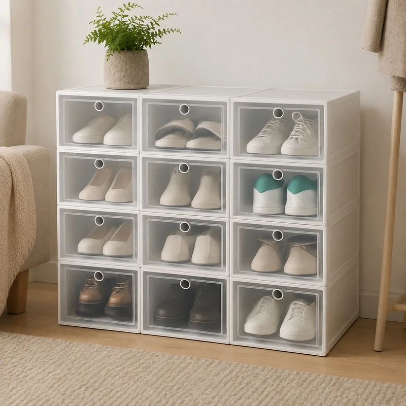 6-Pack Transparent Foldable Shoe Organizers, Stackable Dustproof Storage Boxes for Neat Shoe Cabinet Arrangement