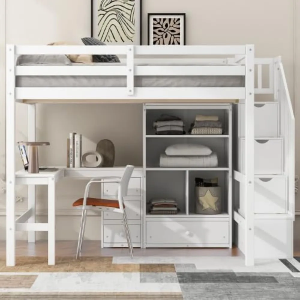 

Full Size Loft Bed with Desk and DrawerWooden Loft Bed Frame with Staircase and Storage Cabinet (White)