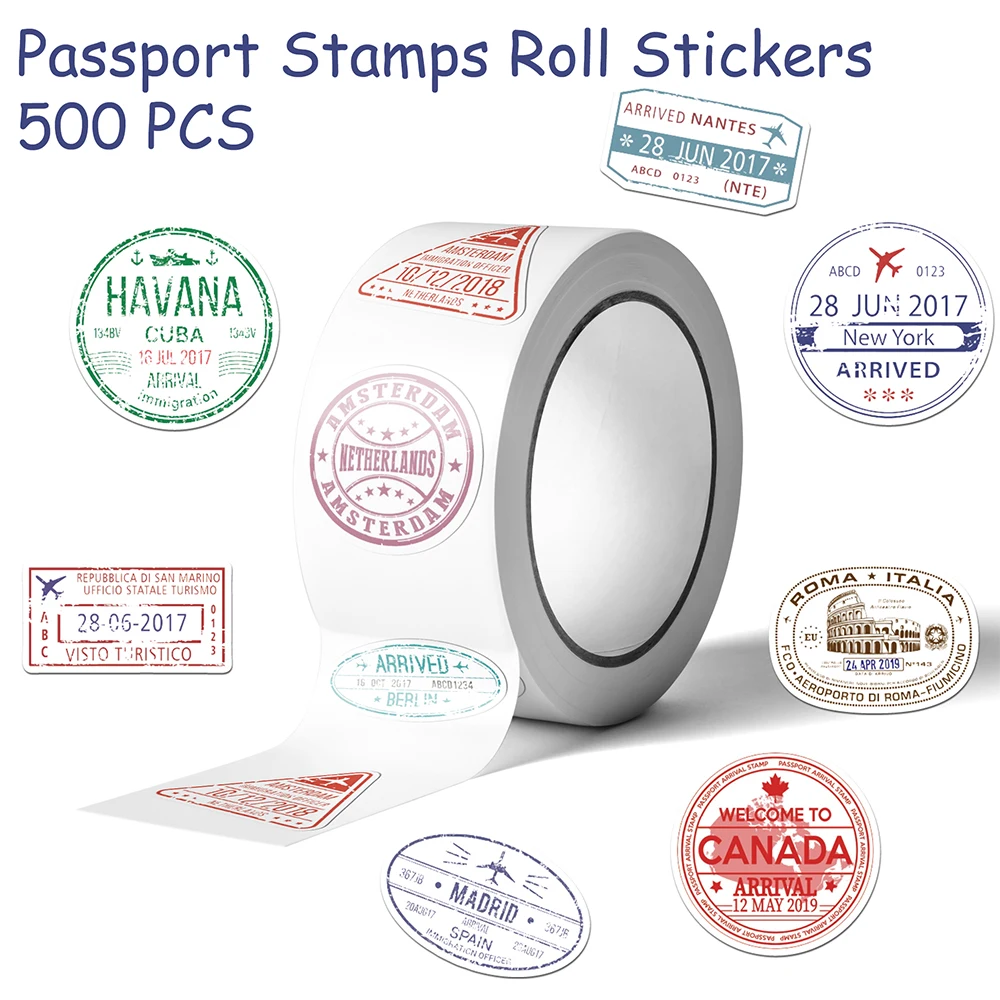 500pcs Colorful Passport Stamps Roll Stickers Decals For Phone Notebook Luggage Skateboard Guitar DIY Cartoon Aesthetic Stickers