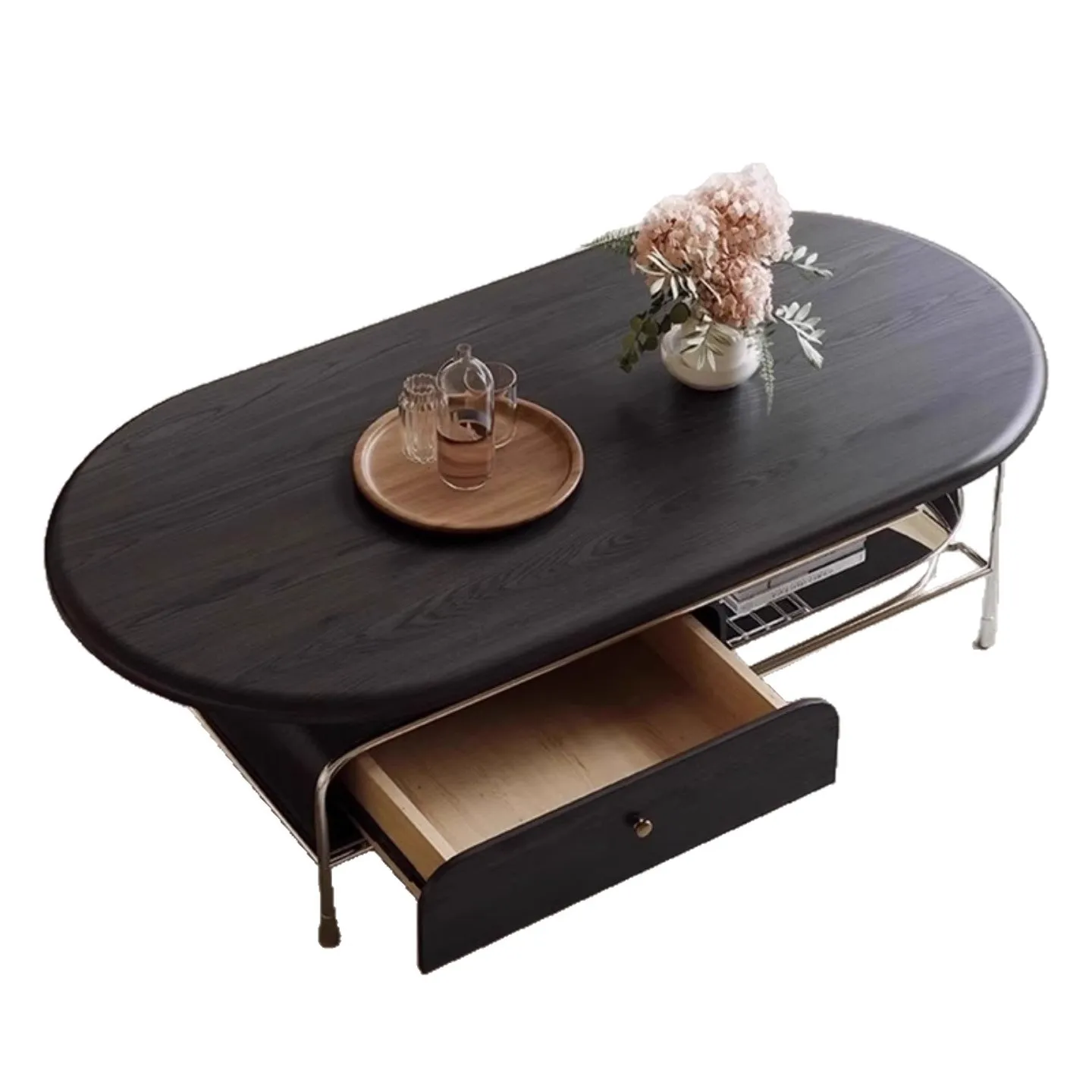 

French retro coffee table, living room household small apartment oval black tea table