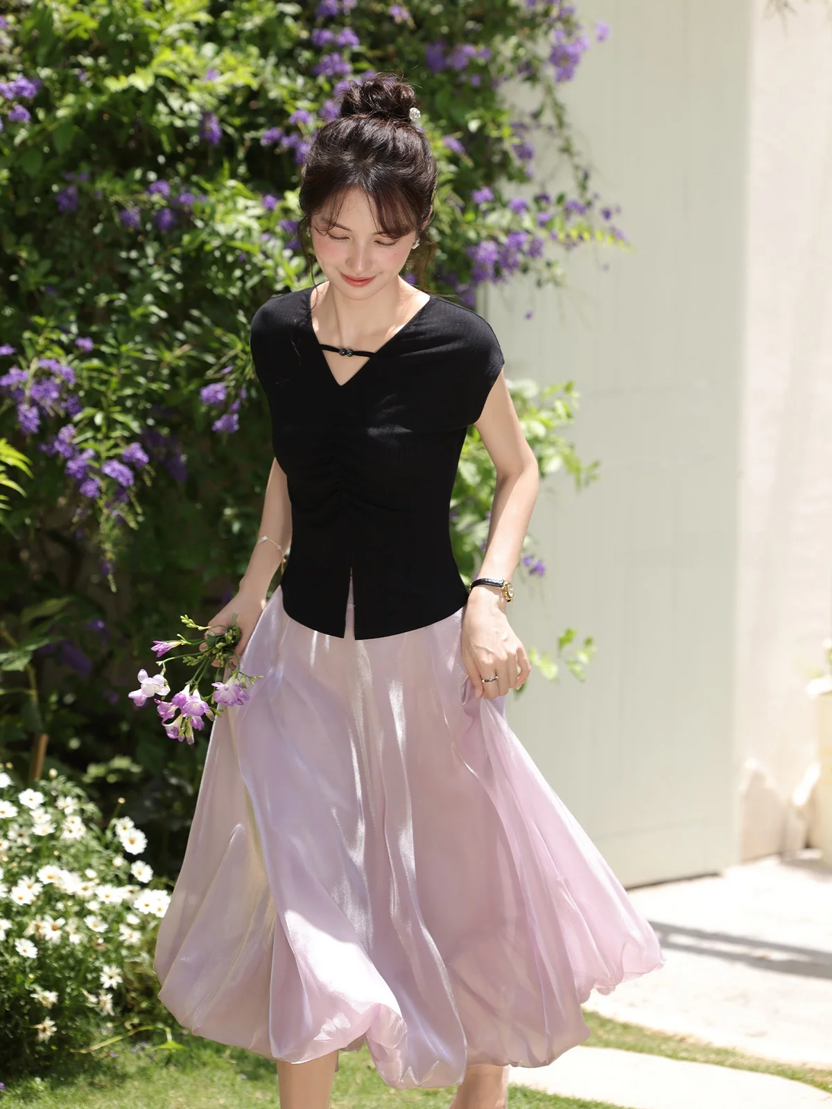 กระโปรงทรงเอไลน์สีม่วงอ่อนเอวสูงลำลองสำหรับผู้หญิงแฟชั่นฤดูร้อนกระโปรงสีพื้นสไตล์ปารีส