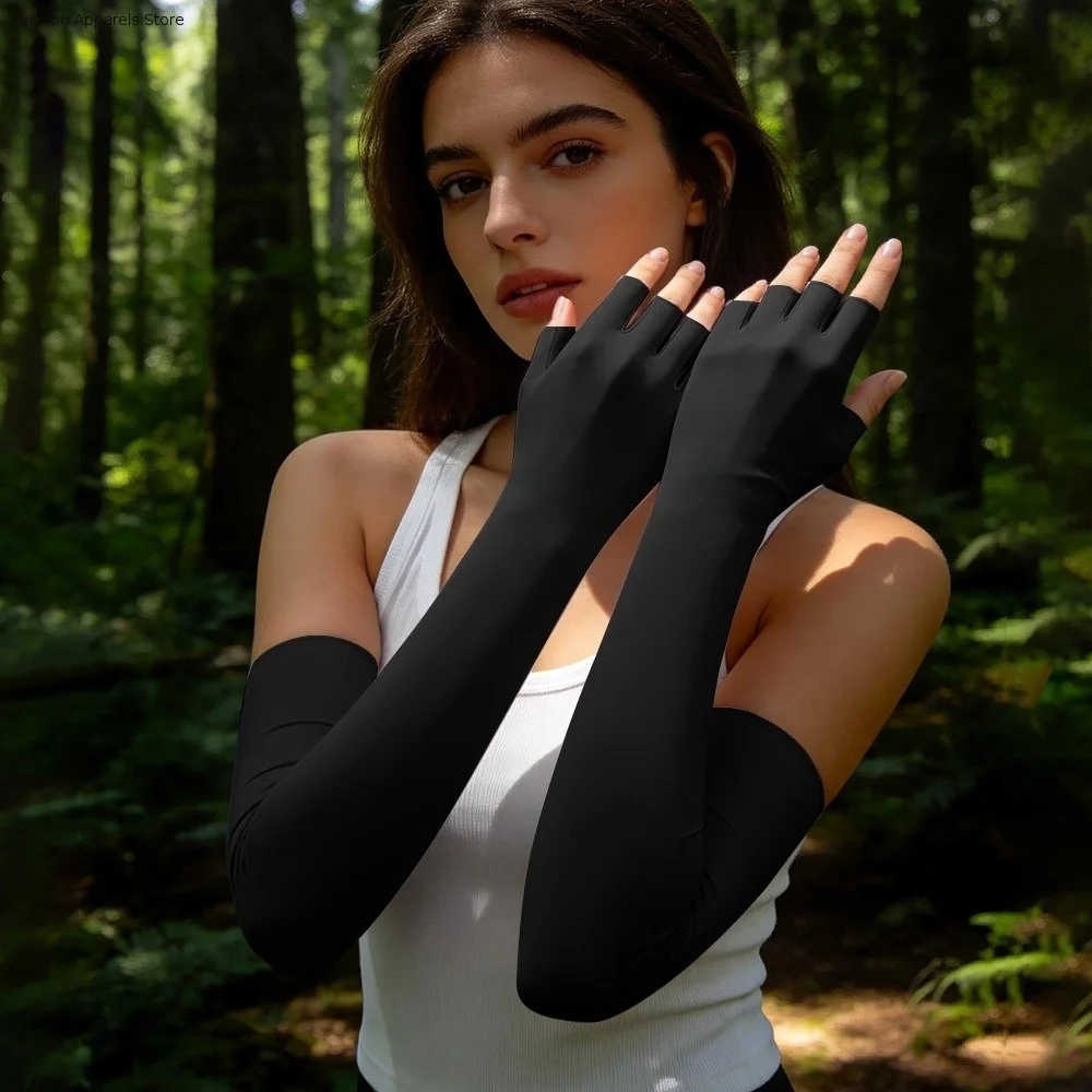 

Elastic Ice Cooling Arm Sleeves Quick Dry Polyester Half Finger Gloves Breathable Lightweight Sun Protection Arm Cover Summer