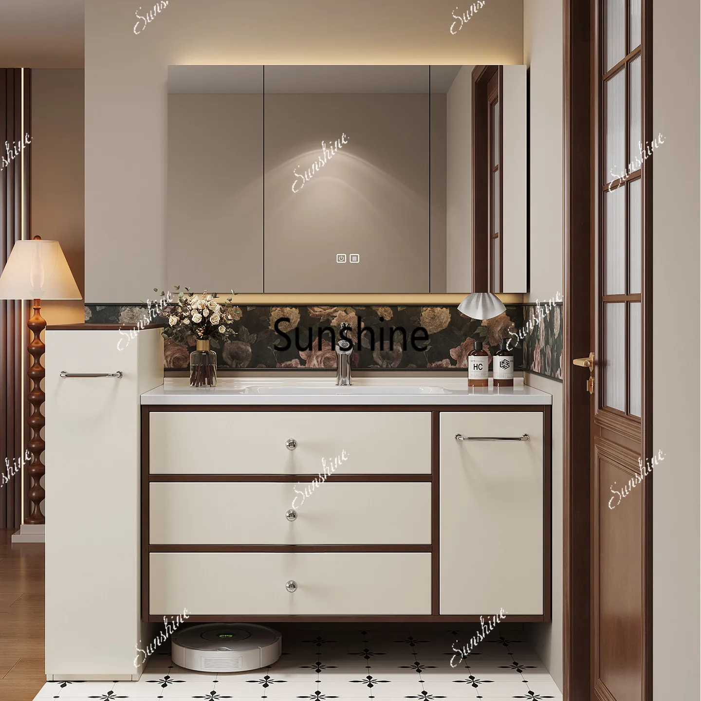 Vintage cream-style color-block multifunctional pull-out bathroom cabinet with ceramic integrated design