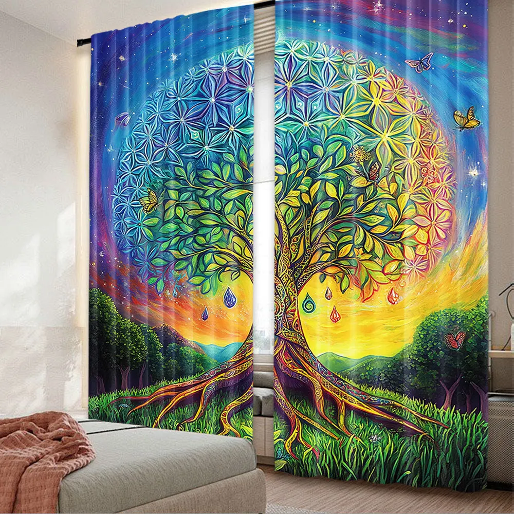 2Pcs Ethnic Curtain Tree In The Valley Spiral Branch Balance Mother Earth Art For Bedroom Living Room And Dining Room