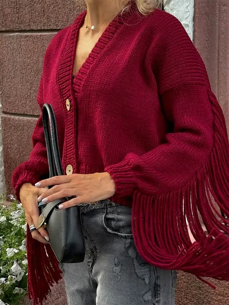 Women Fashion Red Tassels Knitted Cardigan V Neck Single Breasted Long Sleeve Sweater 2024 Autumn Female High Street Outerwear