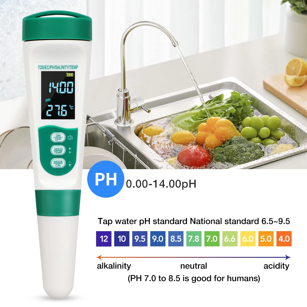 Auto-calibration 5 in 1 Multifunctional PH Meter PH/EC/TDS/SALT/TEMP Meter LCD Display Water Quality Tester for Drinking Water