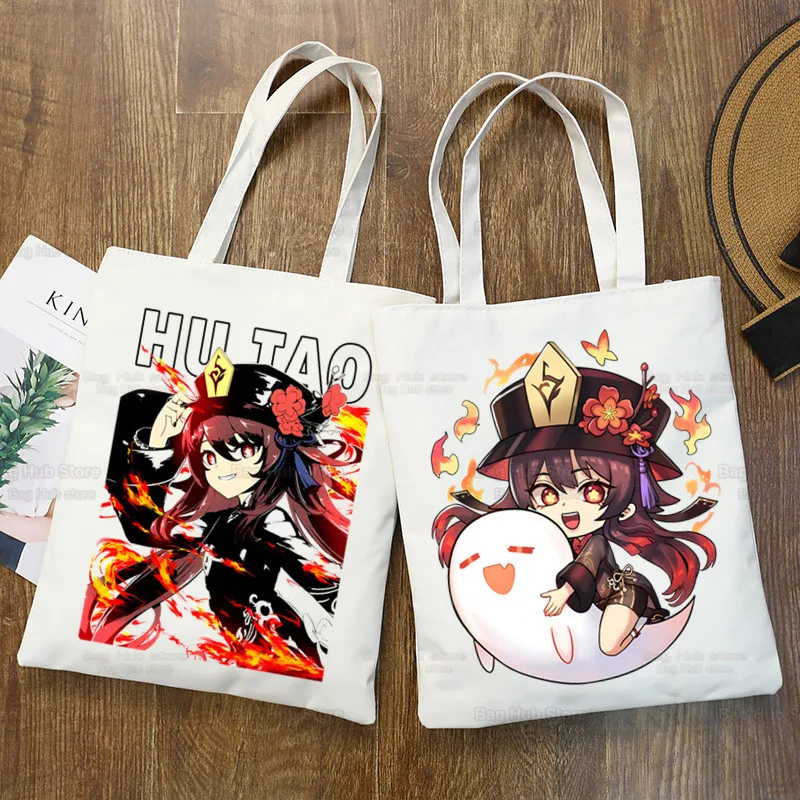 Hu Tao And Ghost Shopping Bag Shopper Jute Bag Genshin Impact Shopping Tote Bag Shoping Reusable Game Anime Bolsa Sacolas