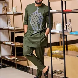 African Boubou Men's Dashiki Clothing Luxury Pants Sets  Full Elegant Suits  For Men New In 2Pc Brand Costume Rhinestones Abaya