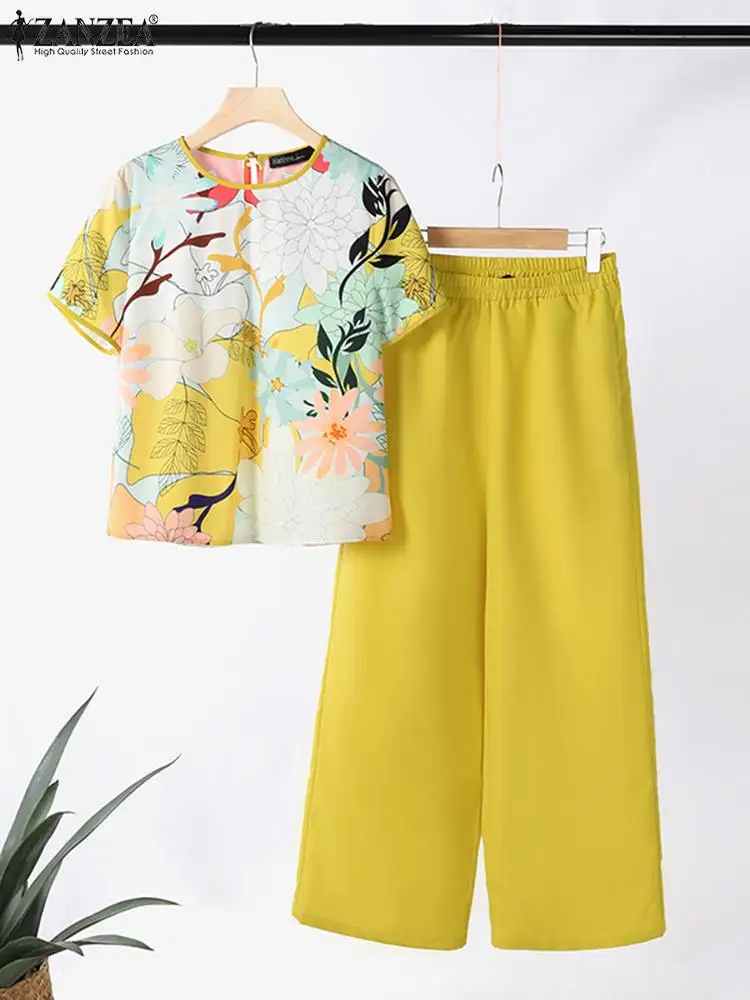 ZANZEA Women Summer 2pcs Outfits Holiday Casual Wide Leg Trouser Elegant 2-Piece Sets Floral Print Short Sleeve Blouse Pant Sets