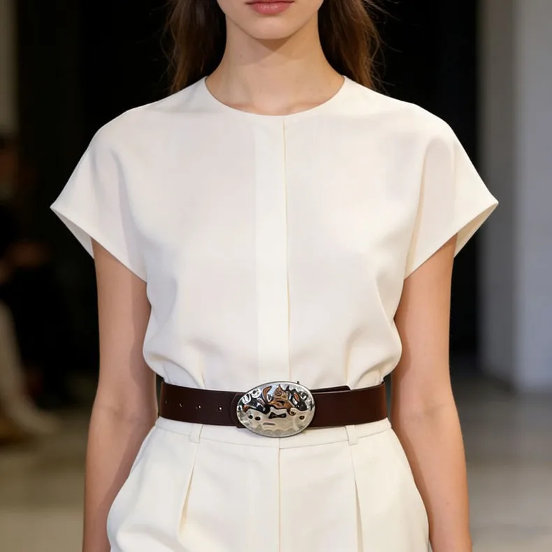 New stylish niche-design minimalist oval leather buckle a sophisticated commuter belt that pairs perfectly with jeans
