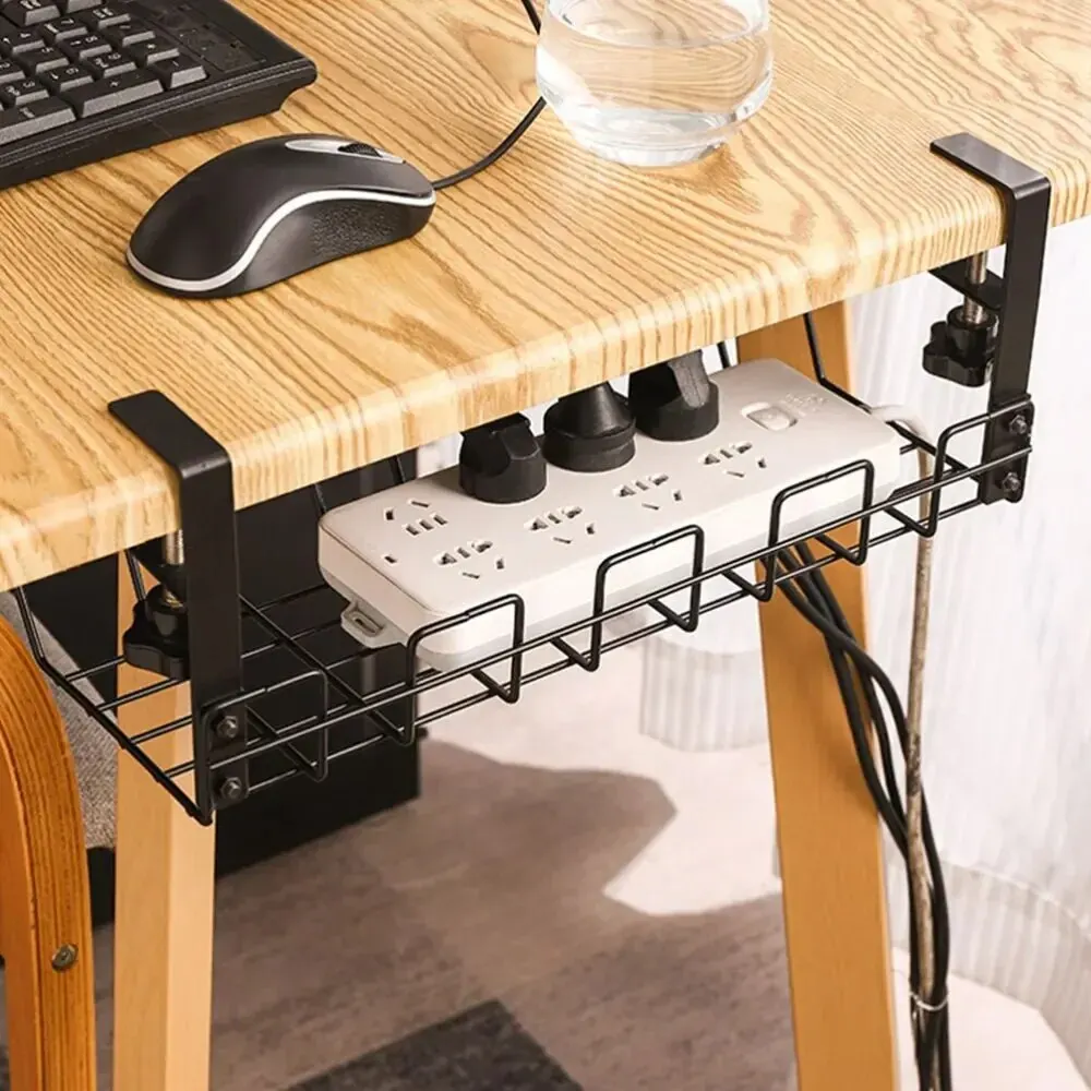 Under Table Storage Rack Metal Cable Management Tray Home Office Desk Wire Organizer No Punching Kitchen Storage Accessories