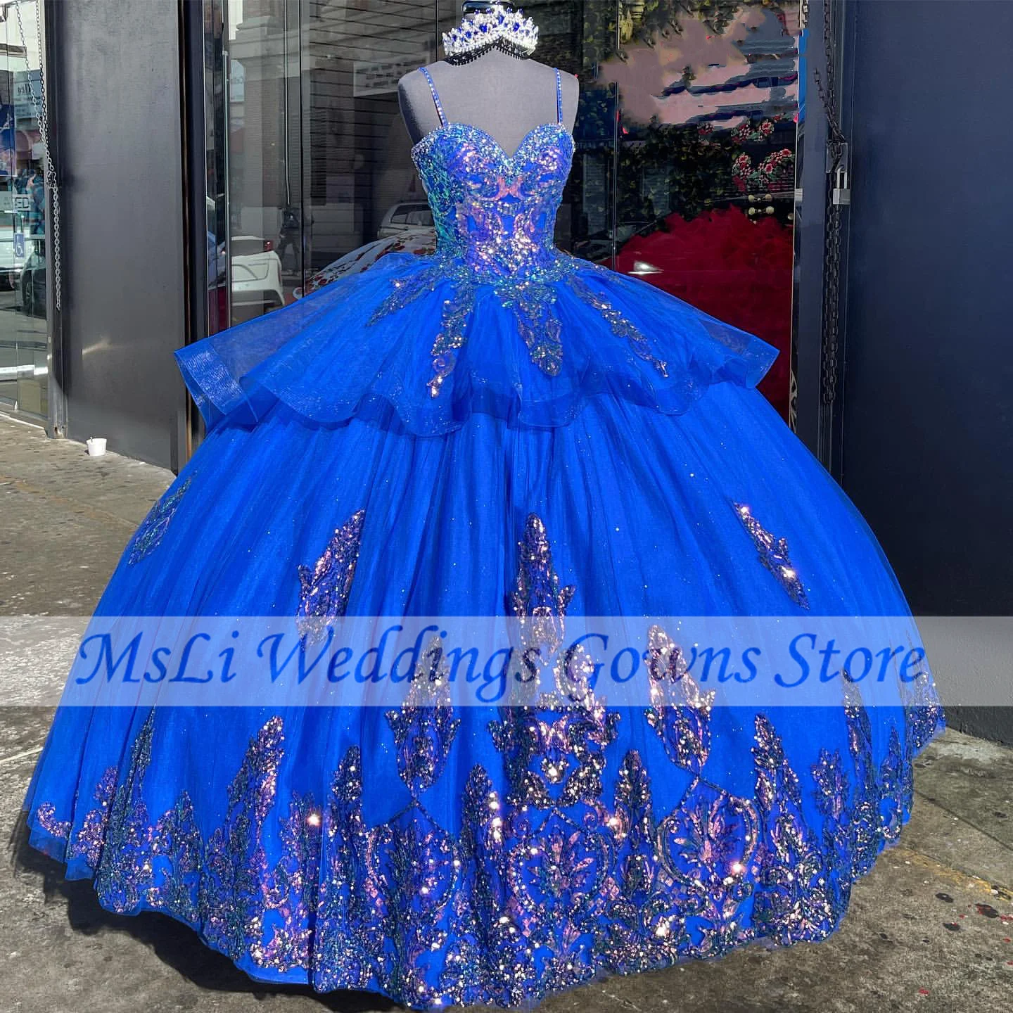 

Sparkly Blue Quinceanera Dresses For Mexico 16 Girls Princess Ball Gowns Sequined Sleeveless Graduation Prom Dress