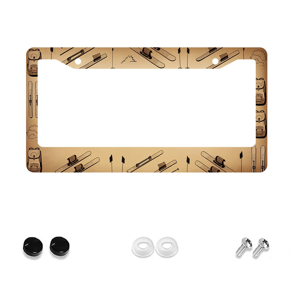 

1 шт. коричневая рамка номерного знака в стиле ретро с 2 отверстиями и лыжным рисунком, алюминиевый материал, 6x12 дюймов, комплект винтов, забавный автомобильный декор