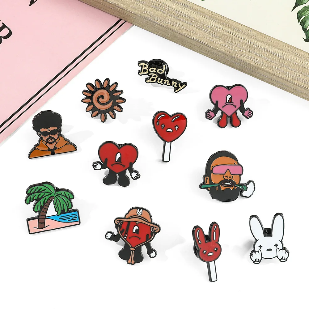 Rap Bad Bunny metal enamel pin, Bad Rabbit red heart pin, badge accessory jewelry suitable for backpacks and denim jackets