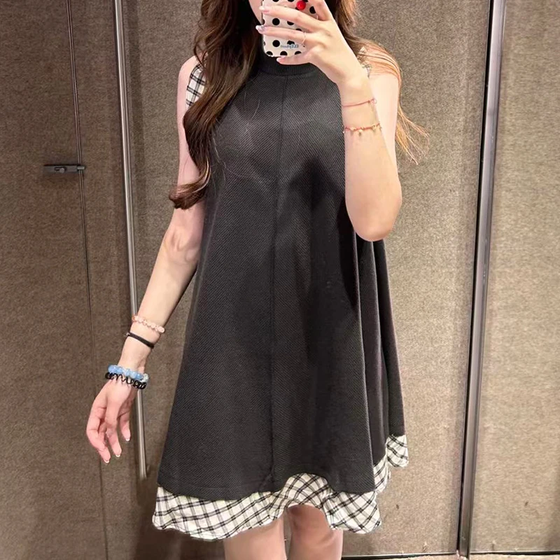 Womens Dress Sleeveless Semi High Collar Plaid Patchwork Short Fashionable Dress A Must Have Item For Spring And Autumn