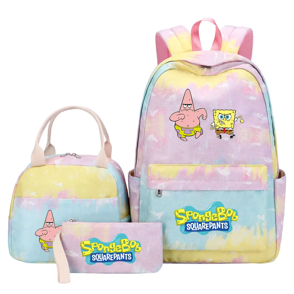 New Kwaii Girls Kids Pen Lunch Bags Bookbags 3 Pcs Sponge Bob Women Teenagers Schoolbags Travel Laptop Rainbow Backpack