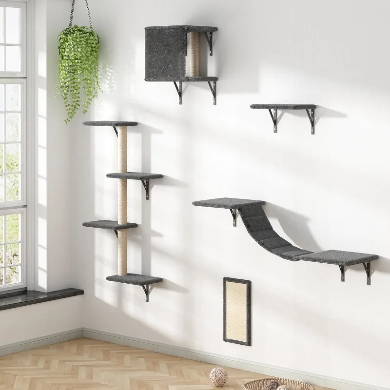 

Cat Wall Shelves and Mounted Perches, Cat Climber Set with 5pcs Including Cat Scratching Post, Hanging Bed, House, Steps,