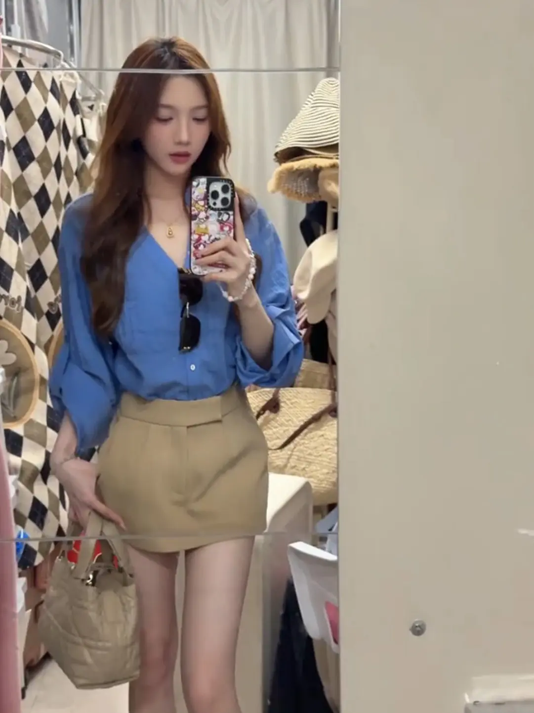 Blue Long Sleeve Shirt And Khaki Short Skirt Women's Fashion Set Summer Commute Style High Waist Shorts Button up Loose Fit