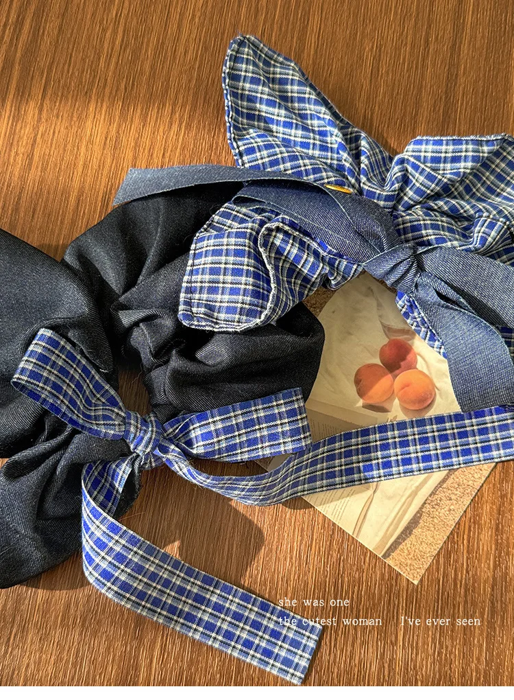 Bow Denim Blue Plaid Square Towel Large Intestine Hair Band Femininity Square Hair Accessories Headrope Rubber Band