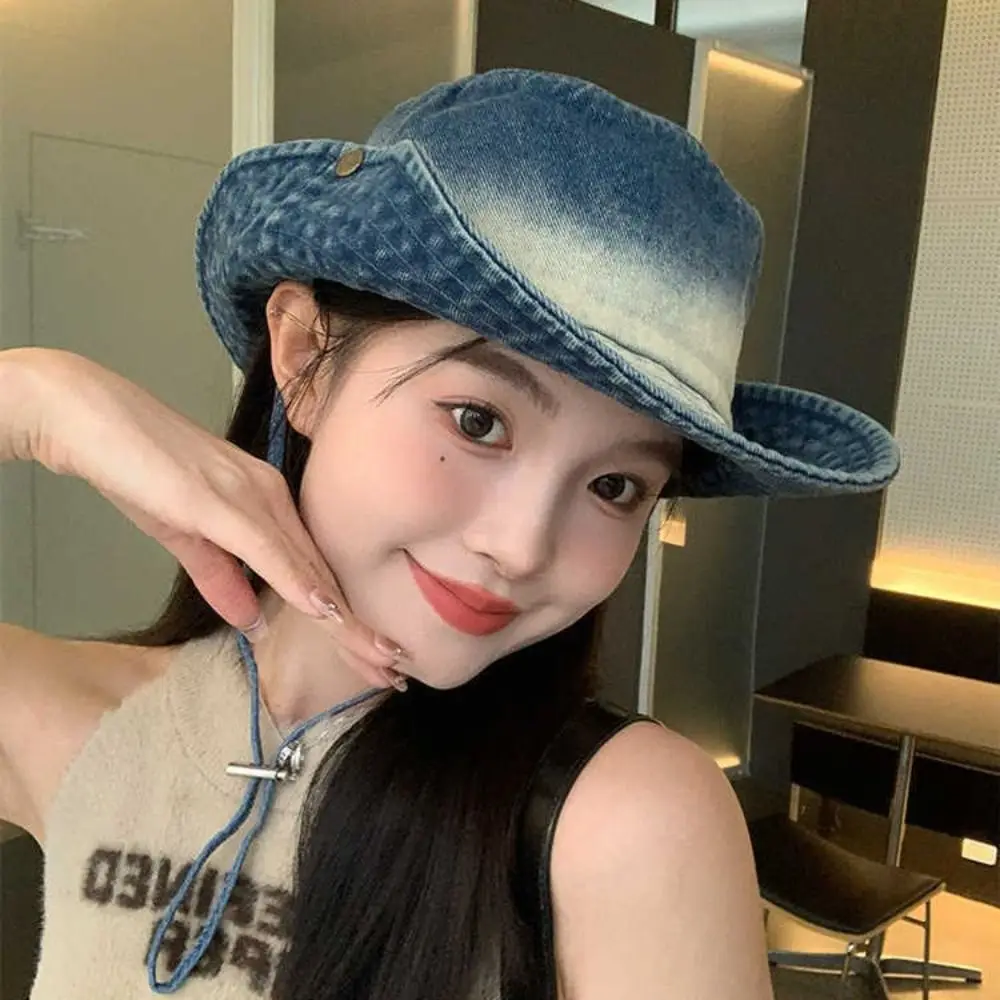 

Water-washed tie-dye Vintage Washed Denim Hat Wide Brim Windproof Western Cowboy Hats Sunscreen Drawstring Adjustable
