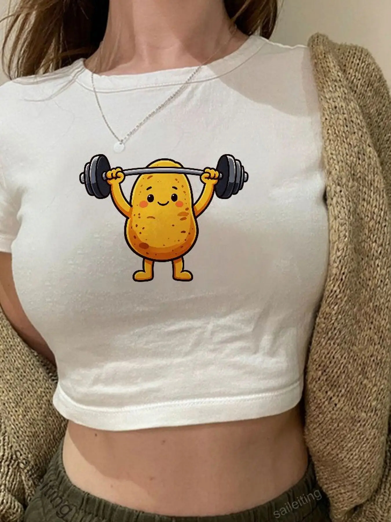 Funny Potato Lifting Barbell Crop Top T-Shirt Women's Short Sleeve Graphic Tee Harajuku Streetwear Summer Casual Shirt