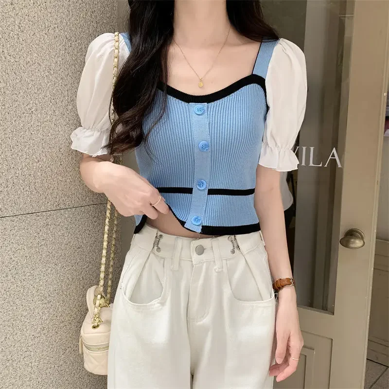 

Sweet Age Reduction Bubble Sleeve T -shirt Female Summer 2025 Design Sensory Contrasting Color Ins Collar Short Knitted