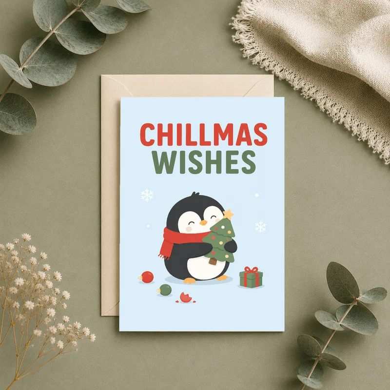 Cute Penguin Christmas Blessing Card - Conveying festive joy to friends and family, using a warm and playful illustration style