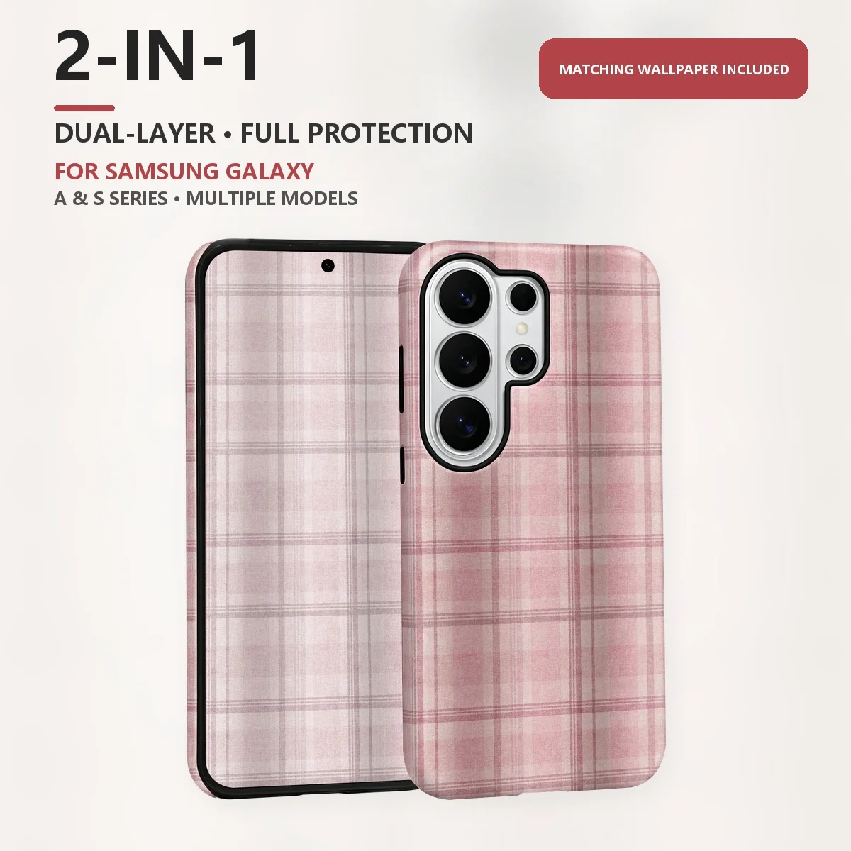 Pink Plaid Fabric 2-in-1 Dual-Layer Phone Case for Samsung Galaxy S26 S25 S24 S23 S22 S21 Plus Ultra FE S20 FE A56 A17 A16 A15
