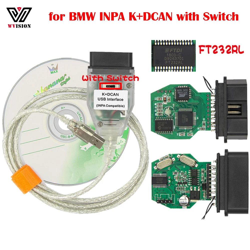 

INPA K+DCAN K+CAN K-Line FT232RL with Switch For BMW OBD2 Scanner Cable Chassis Diagnostic Tool Interface USB Programming